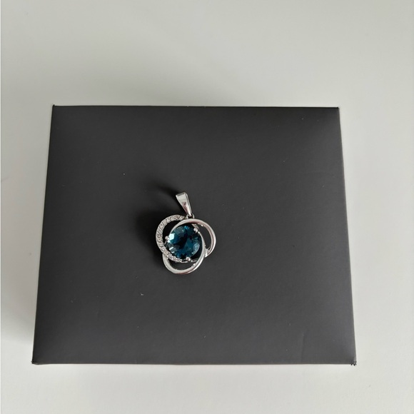 14K Solid White Gold Pendant with London Blue Topaz and Cubic Zirconias - Picture 1 of 4